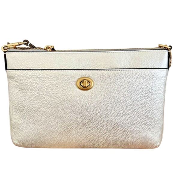 COACH POLLY CROSSBODY CLUTCH HANDBAG PURSE METALLIC SILVER PEBBLED LEATHER - Picture 1 of 8